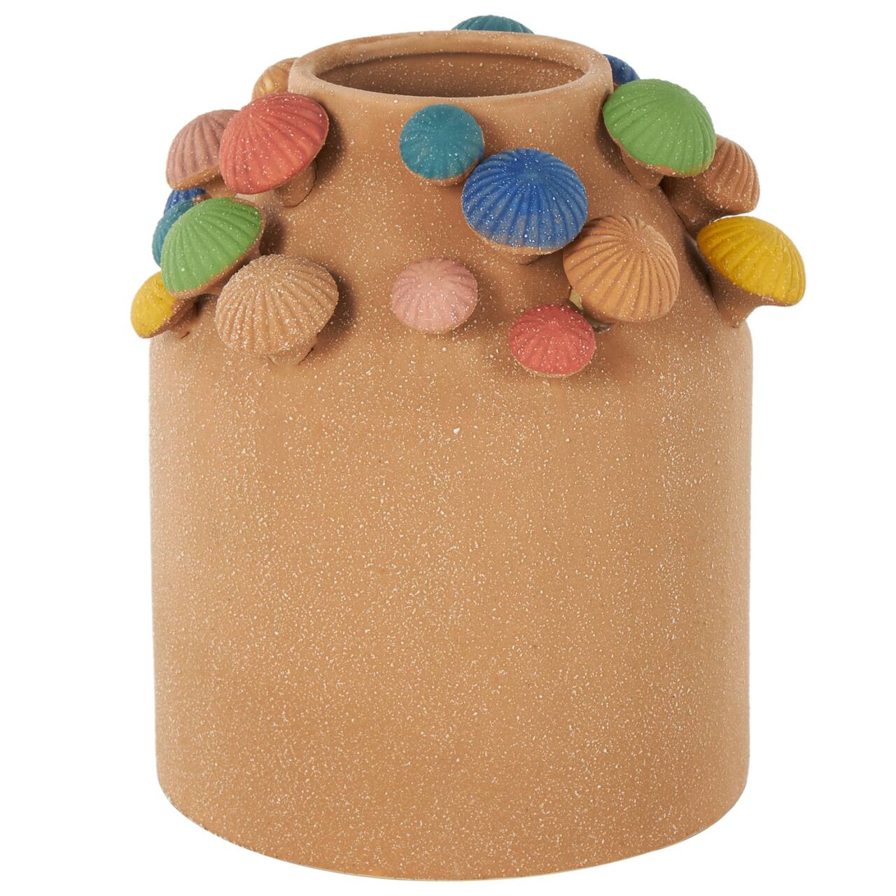 10" Brown with Multicolor Mushrooms & White Speckles Wide Ceramic Decorative Vase